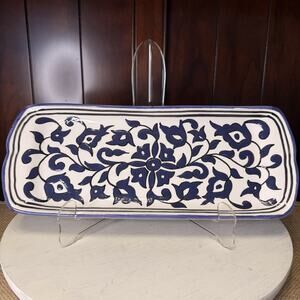 Poterie Slama Handpainted Serving Tray Blue And White 14x5.5”